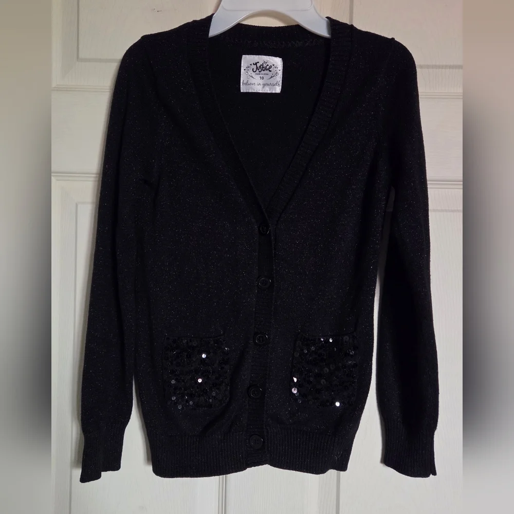 Justice Black Sequin Pocket V-Neck Cardigan Sweater Size 10